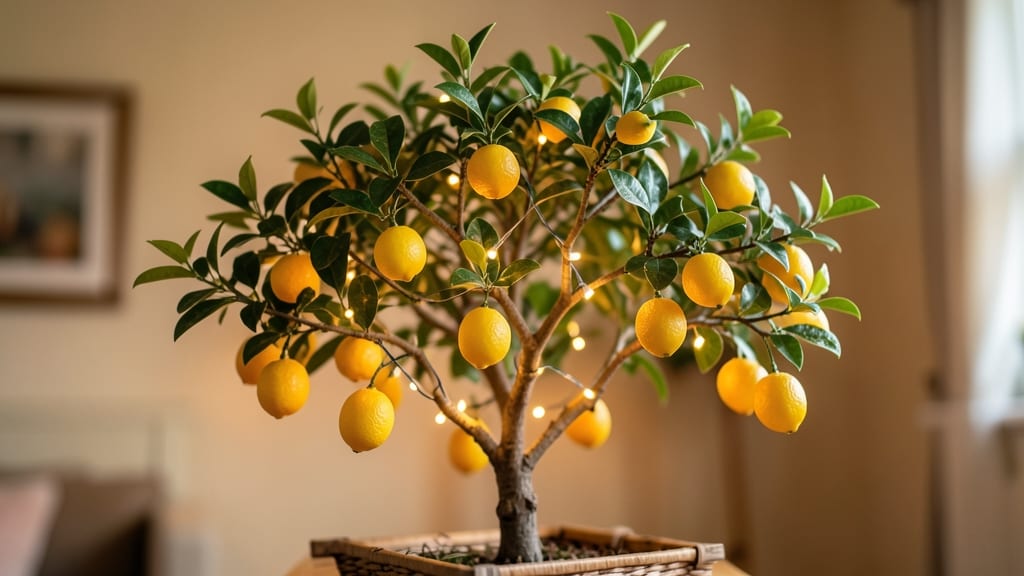 Dwarf Citrus Tree With Holiday Lights