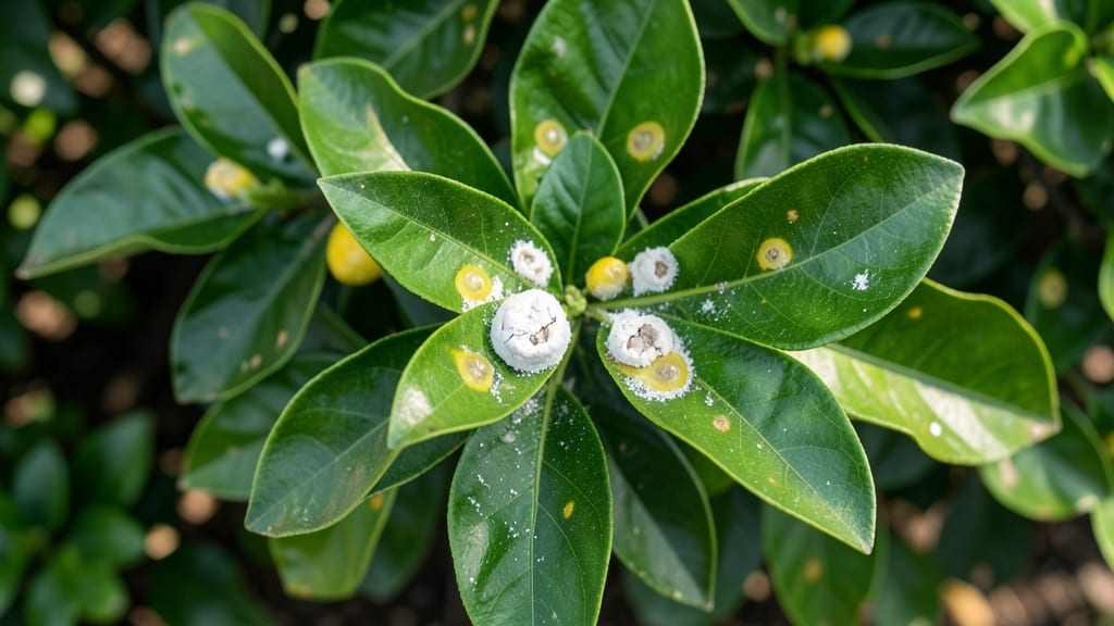 White Rust Fungus on Lemon Leaves