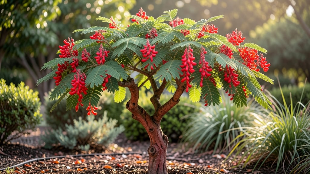 Fern-Like Tree With Red Flowers Recipe: Bold Garden Statement in 3 Seasons